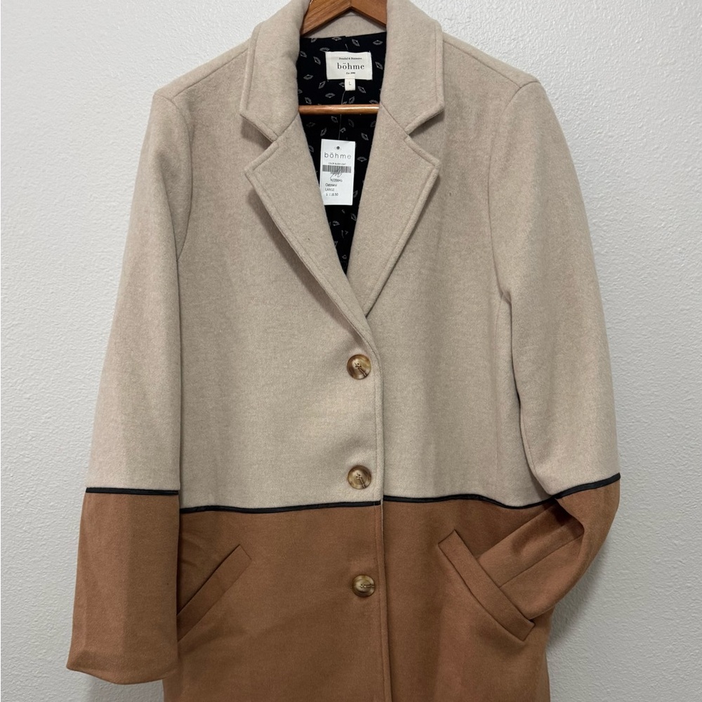 Bohme Large Two Tone Color Block Oatmeal jacket trench coat NWT!